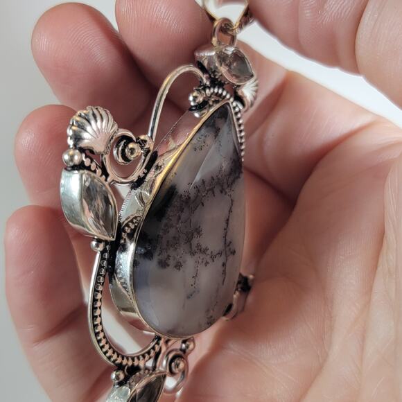 Sterling Silver Pendant with Dendritic Opal & Clear Quartz – Artisan Gem Jewelry - Picture 4 of 10